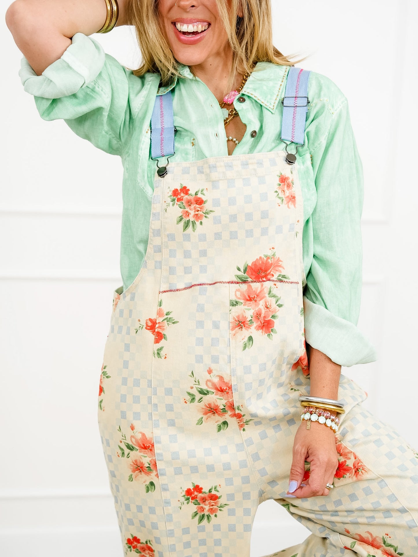 Checkered and Floral Print Wide Leg Overalls