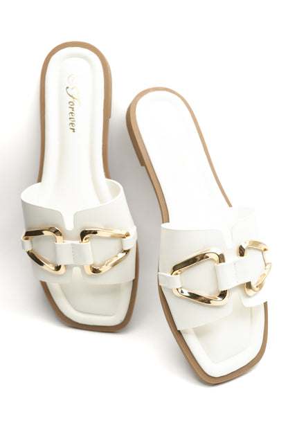 Vegan Leather Slide Sandal with Gold Buckle