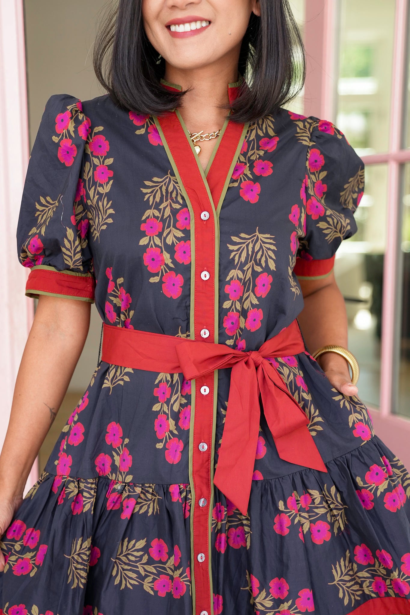 Plus/Reg Floral Print Short Puff Sleeve Button Down Mini Dress