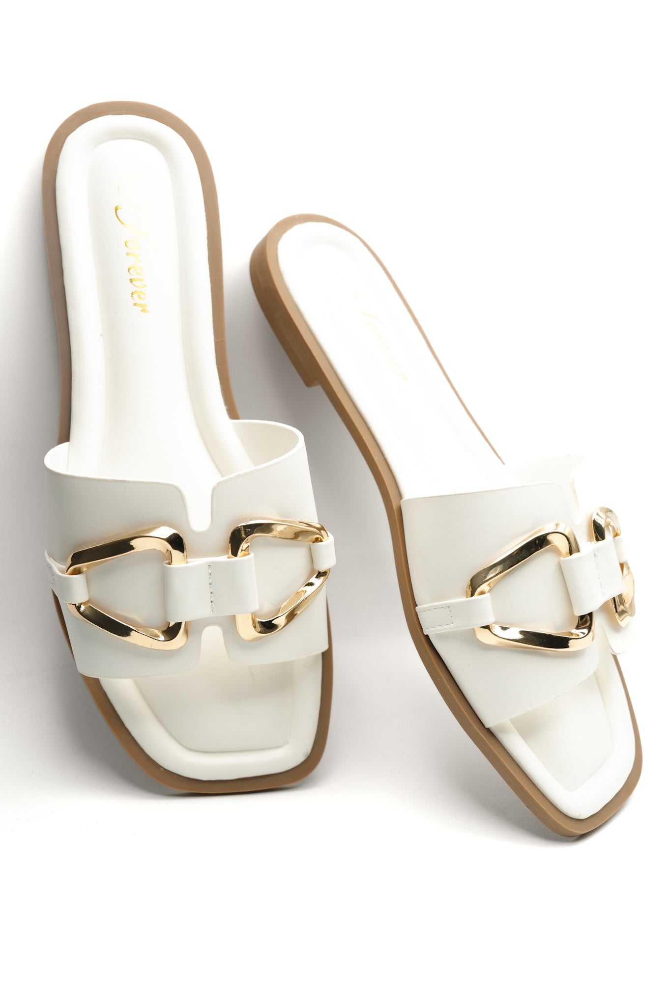 Vegan Leather Slide Sandal with Gold Buckle
