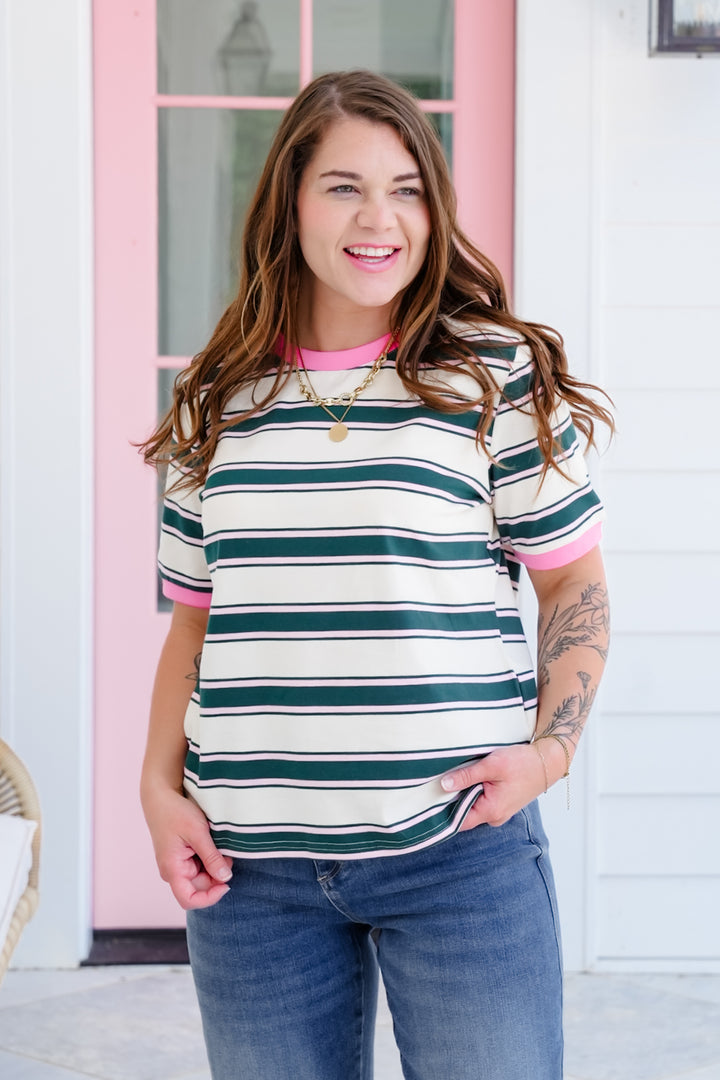 Plus/Reg Stripe Short Sleeve Top with Contrast Detail