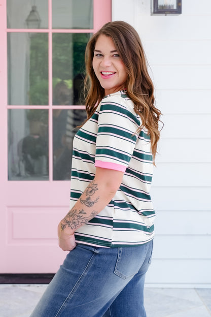 Plus/Reg Stripe Short Sleeve Top with Contrast Detail