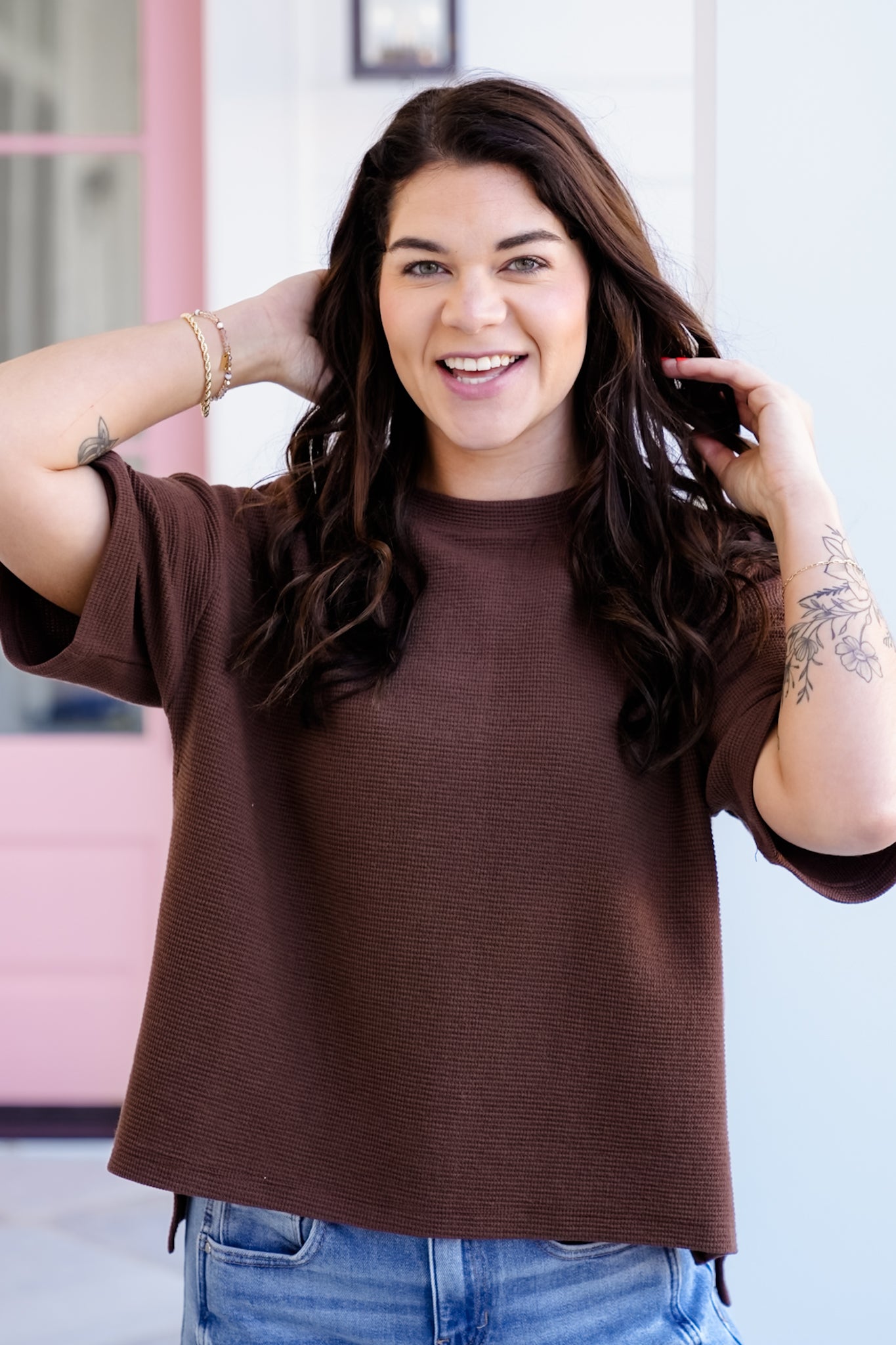 Poppy Day Door Buster! Plus/Reg Zenana Double Knit Side Slits Hi Low Short Sleeve Top