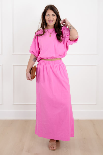 Short Sleeve Bubble Top with Elastic Waist Skirt