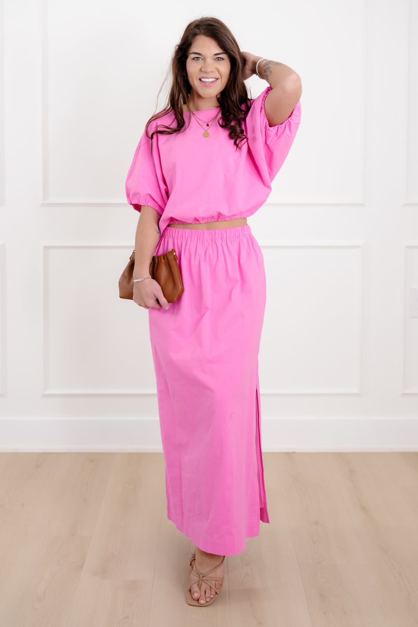 Short Sleeve Bubble Top with Elastic Waist Skirt