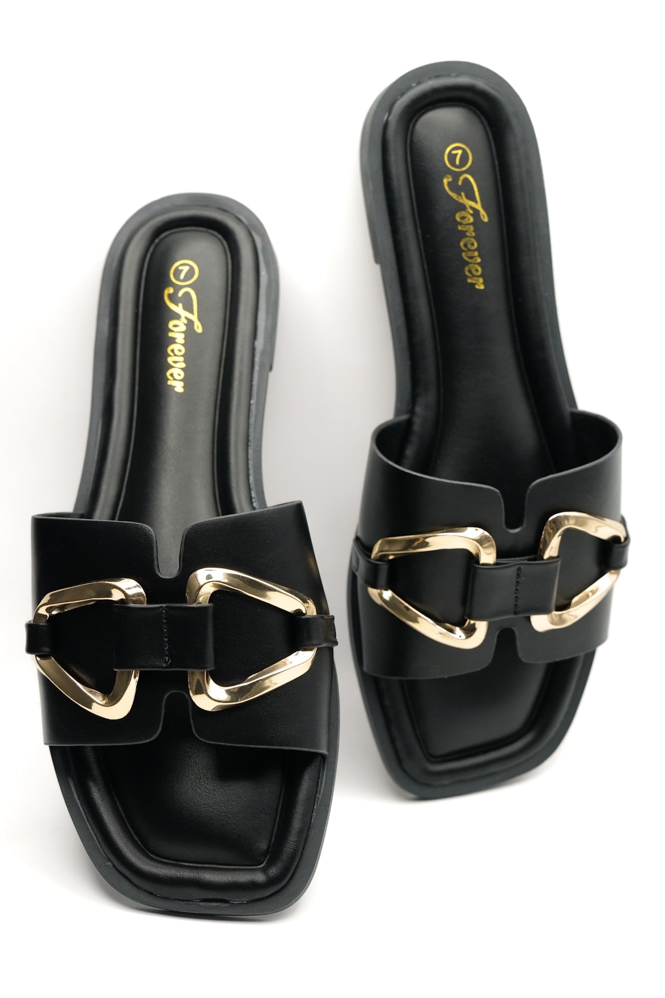 Vegan Leather Slide Sandal with Gold Buckle