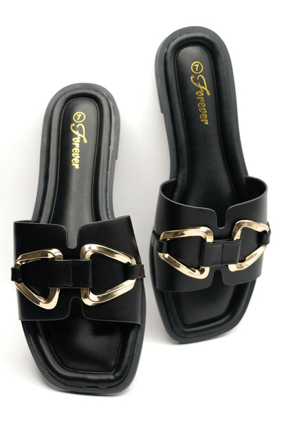 Vegan Leather Slide Sandal with Gold Buckle