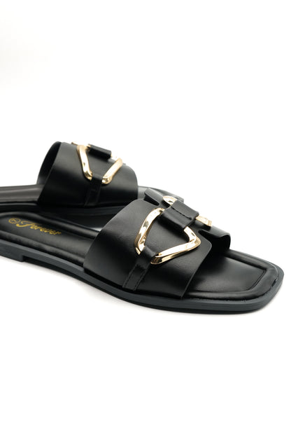 Vegan Leather Slide Sandal with Gold Buckle