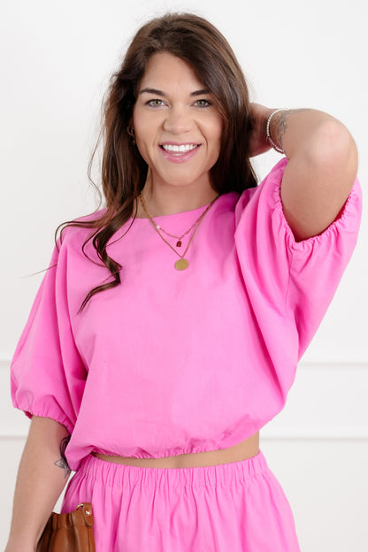 Short Sleeve Bubble Top with Elastic Waist Skirt