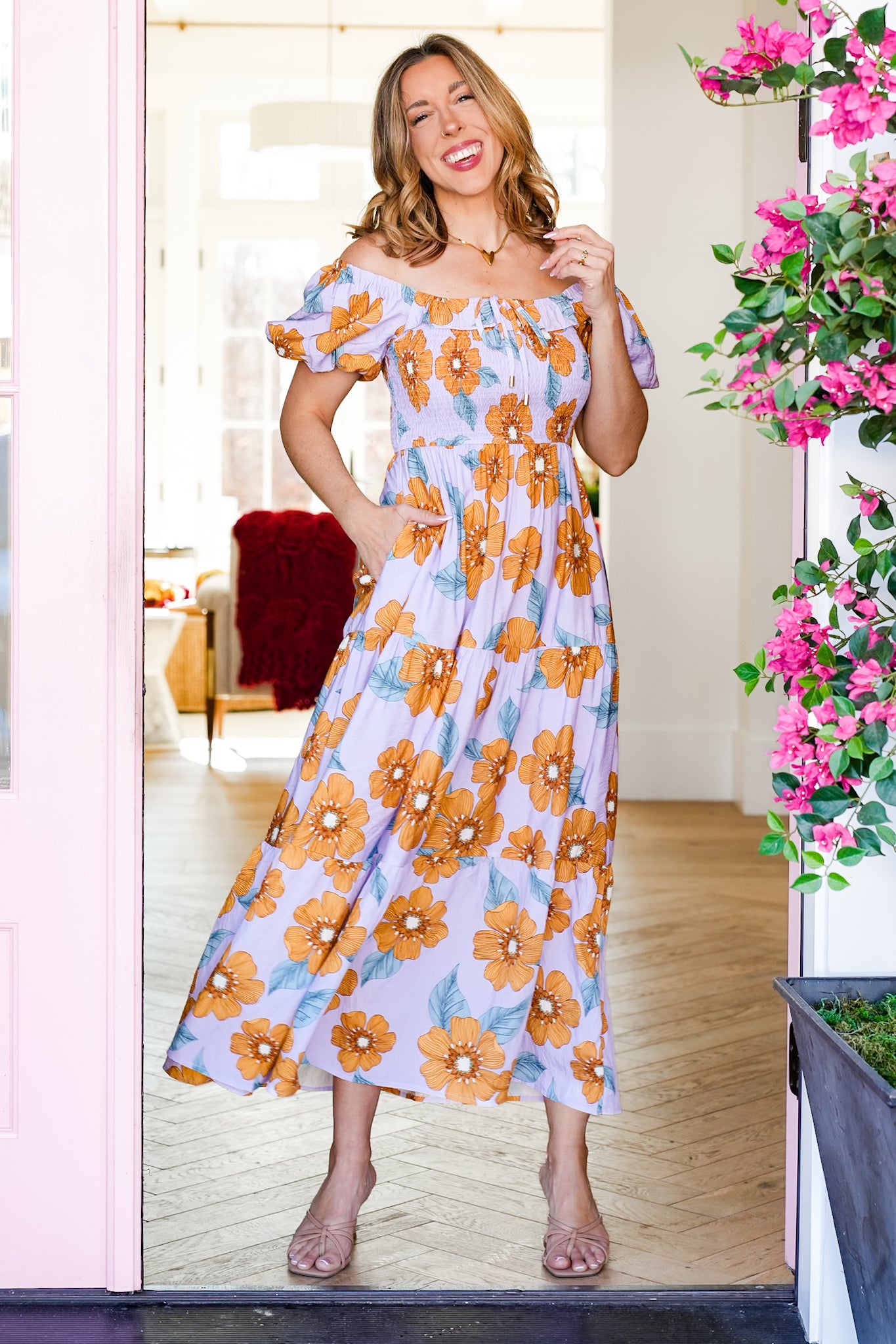 Plus/Reg Floral Print Short Puff Sleeve Midi Dress