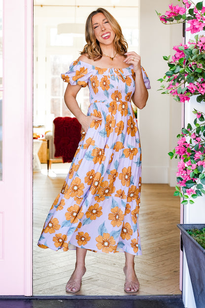 Plus/Reg Floral Print Short Puff Sleeve Midi Dress