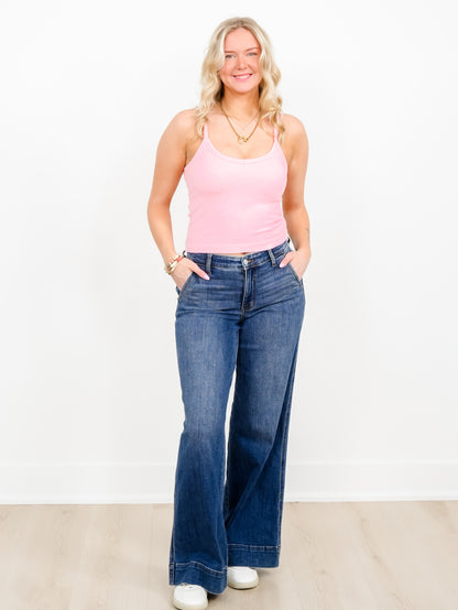Ribbed V-Neck Padded Tank Top - Freckled Poppy