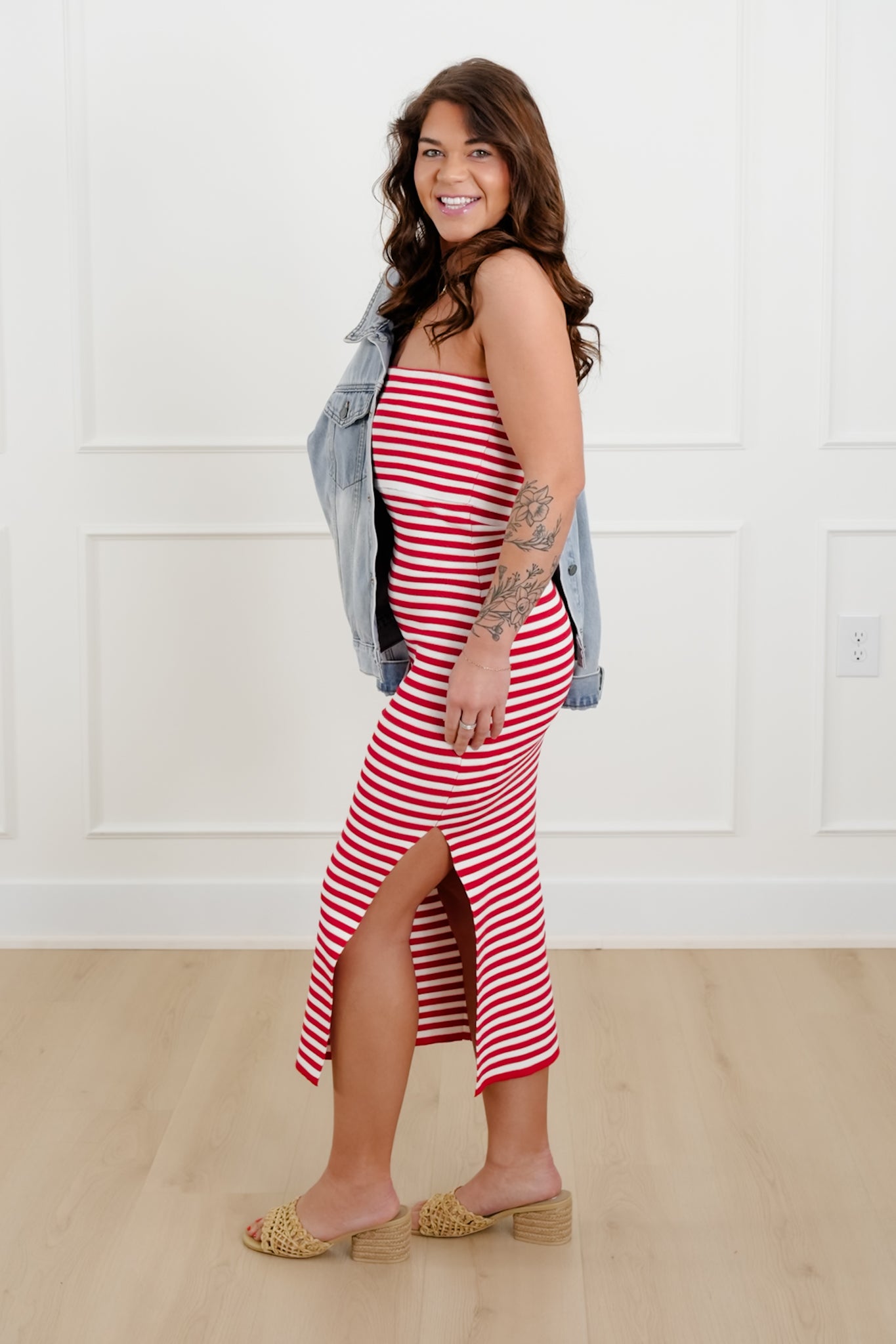 Striped Strapless Bodycon Midi Dress