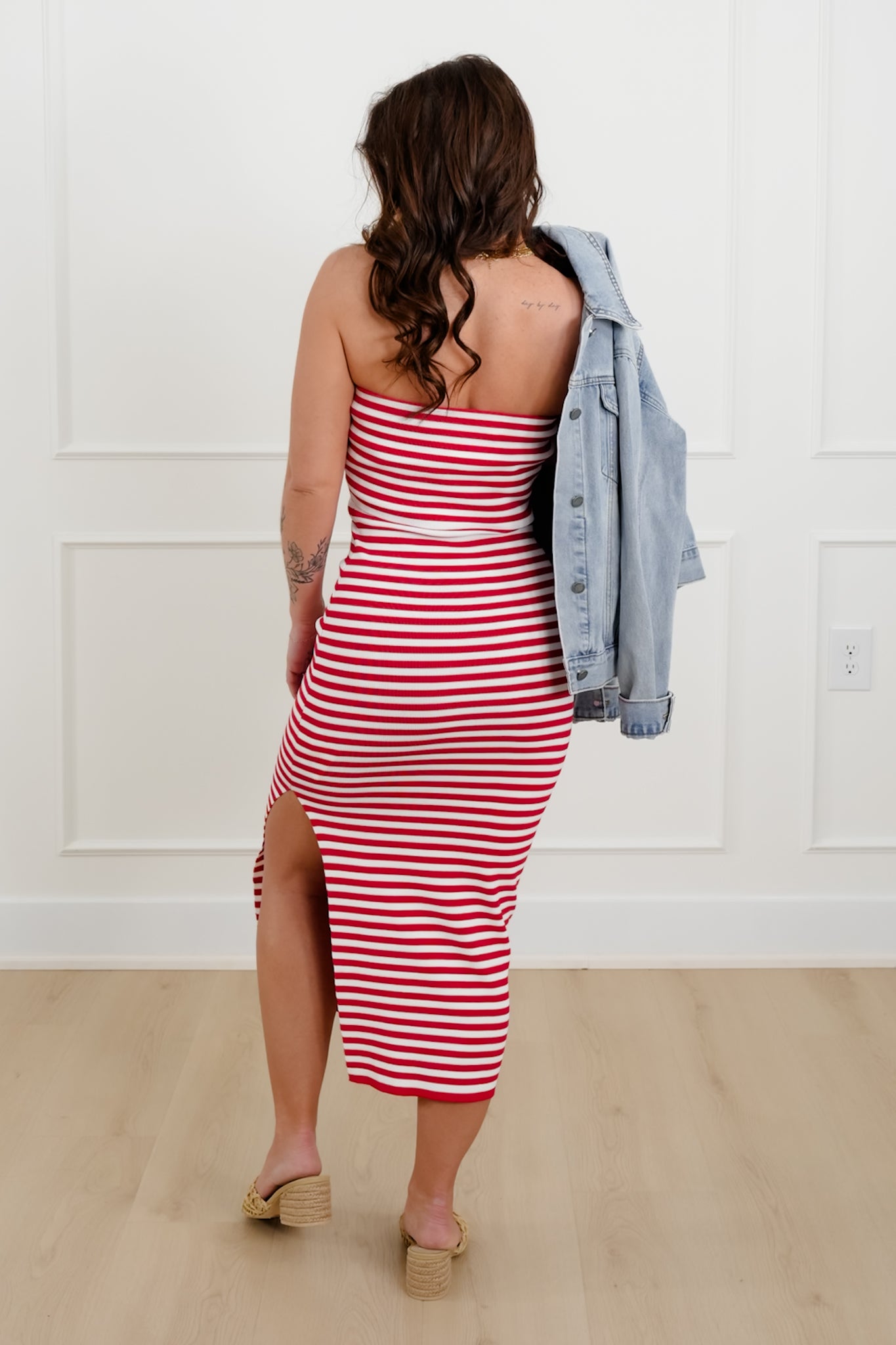 Striped Strapless Bodycon Midi Dress