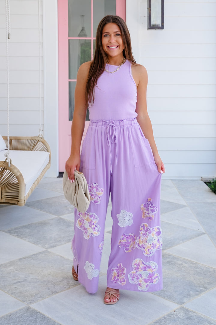 Sleeveless Wide Leg Jumpsuit with Flower Patch Detail