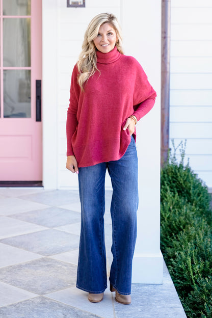 Poppy Day Door Buster! Plus/Reg Zenana Brushed Melange Hacci Turtleneck Sweater
