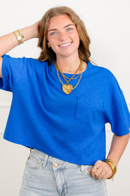 Short Sleeve Crew Neck Boxy Top with Chest Pocket