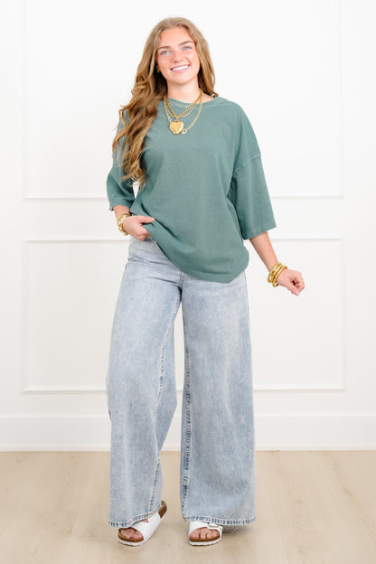 Door Buster! Washed Half Sleeve Crew Neck Drop Shoulder Top
