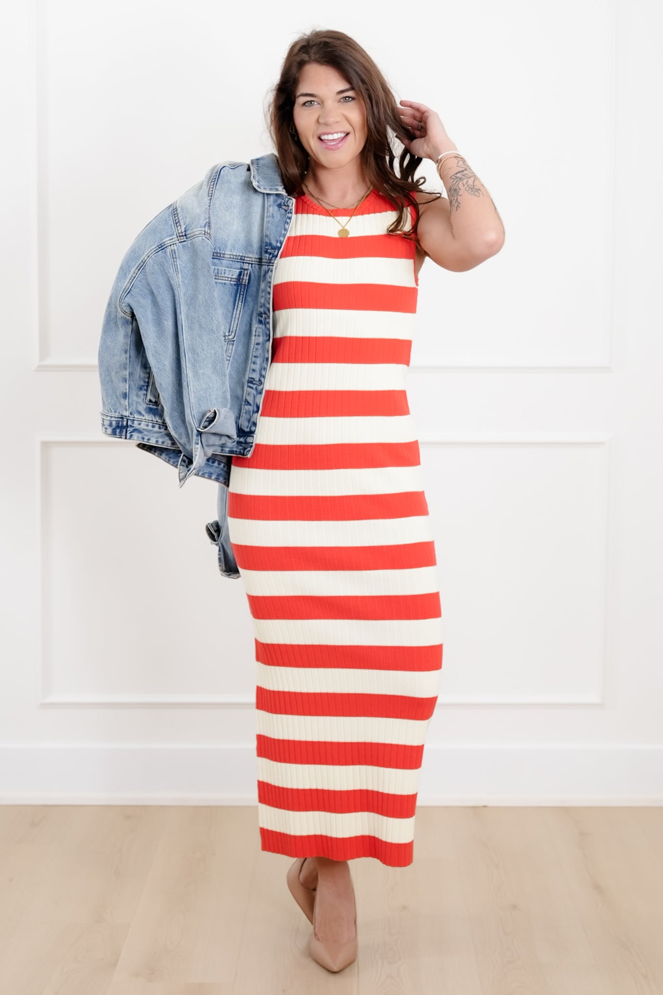 Striped Ribbed Knit Sleeveless Midi Sweater Dress