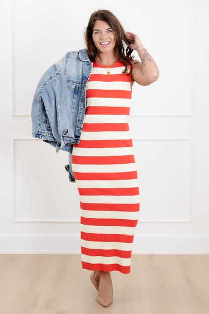 Striped Ribbed Knit Sleeveless Midi Sweater Dress