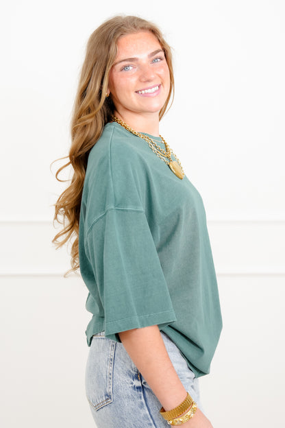 Door Buster! Washed Half Sleeve Crew Neck Drop Shoulder Top