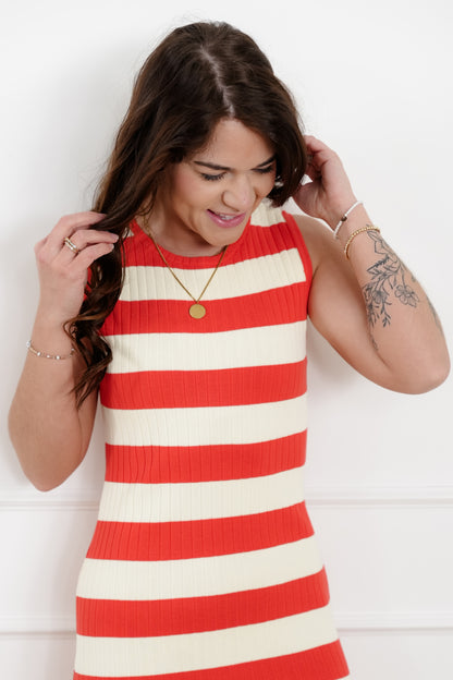 Striped Ribbed Knit Sleeveless Midi Sweater Dress