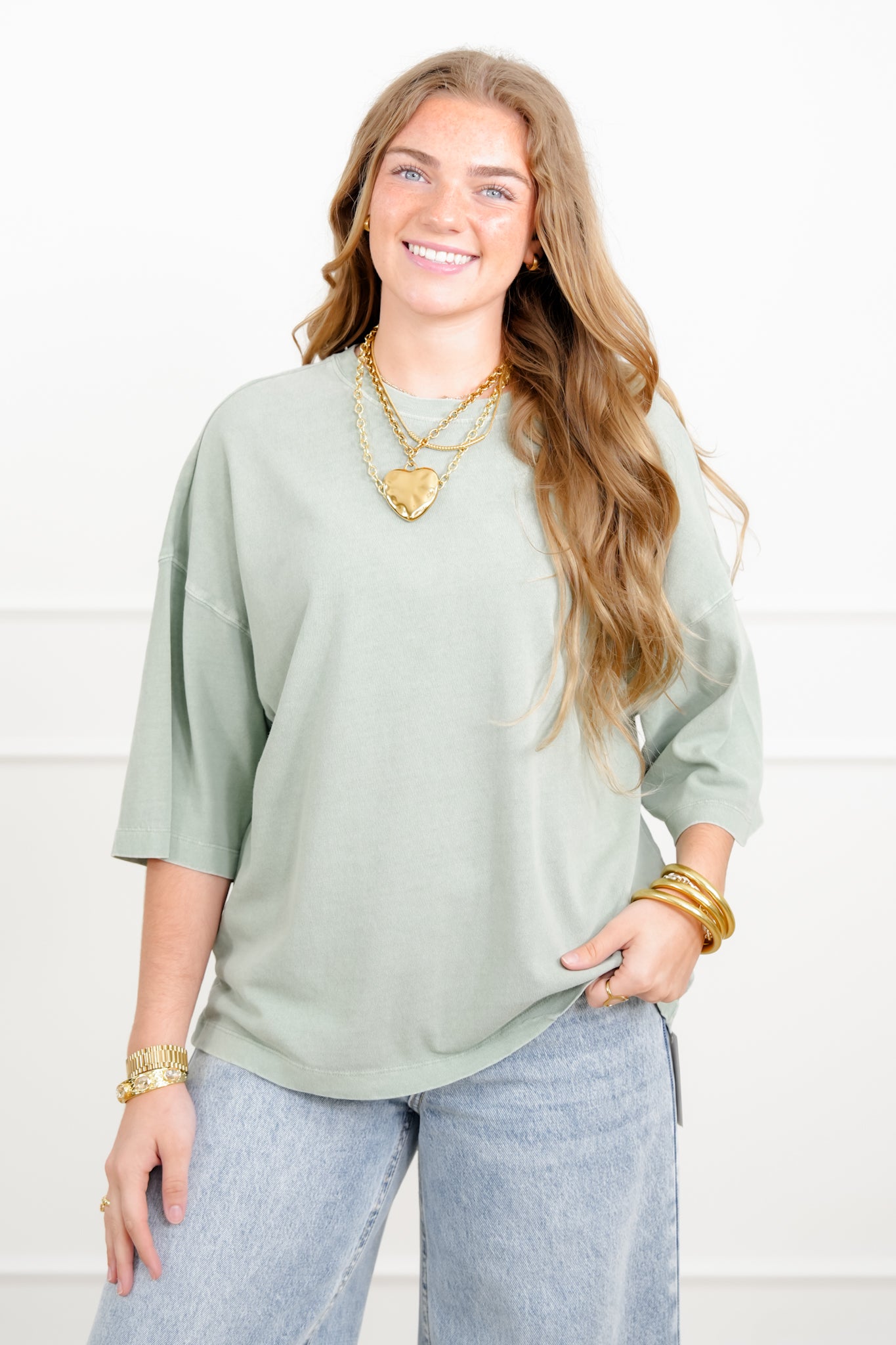 Door Buster! Washed Half Sleeve Crew Neck Drop Shoulder Top