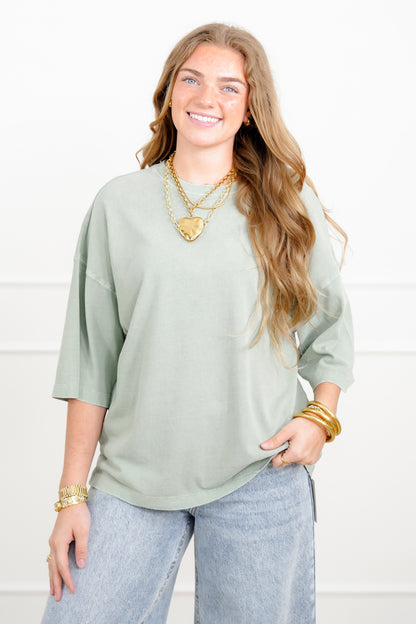 Door Buster! Washed Half Sleeve Crew Neck Drop Shoulder Top