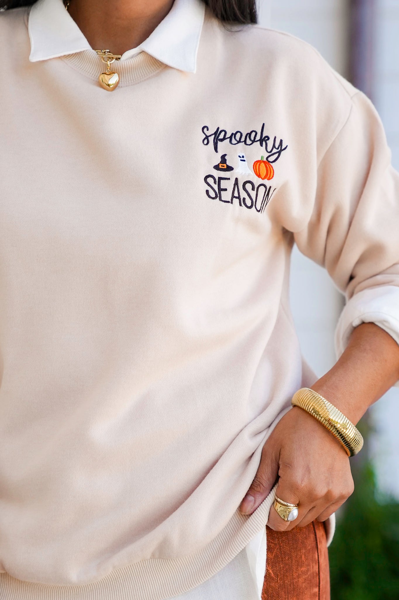 Plus/Reg Embroidered "Spooky Season" Long Sleeve Pullover Sweatshirt