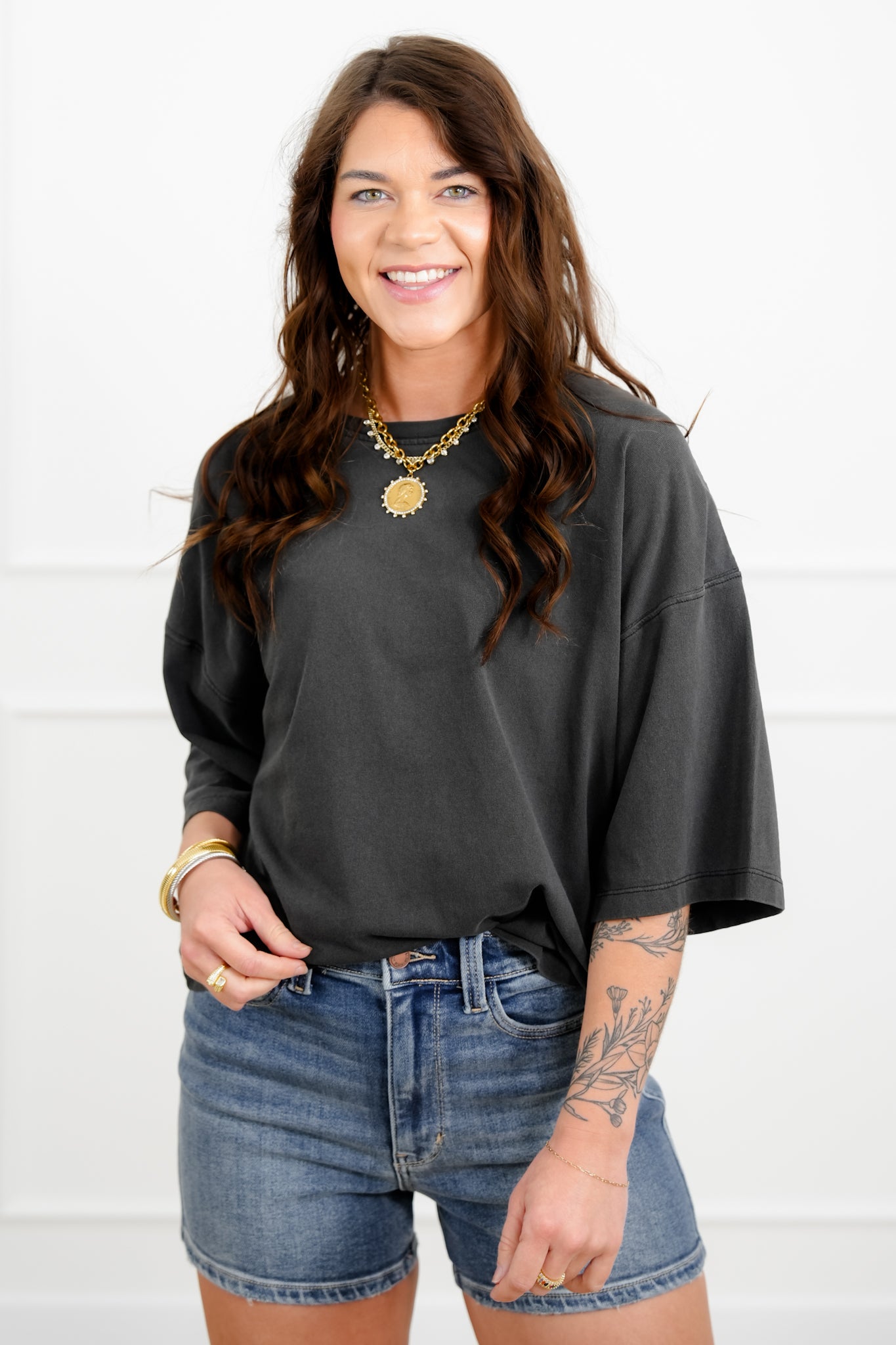 Door Buster! Washed Half Sleeve Crew Neck Drop Shoulder Top