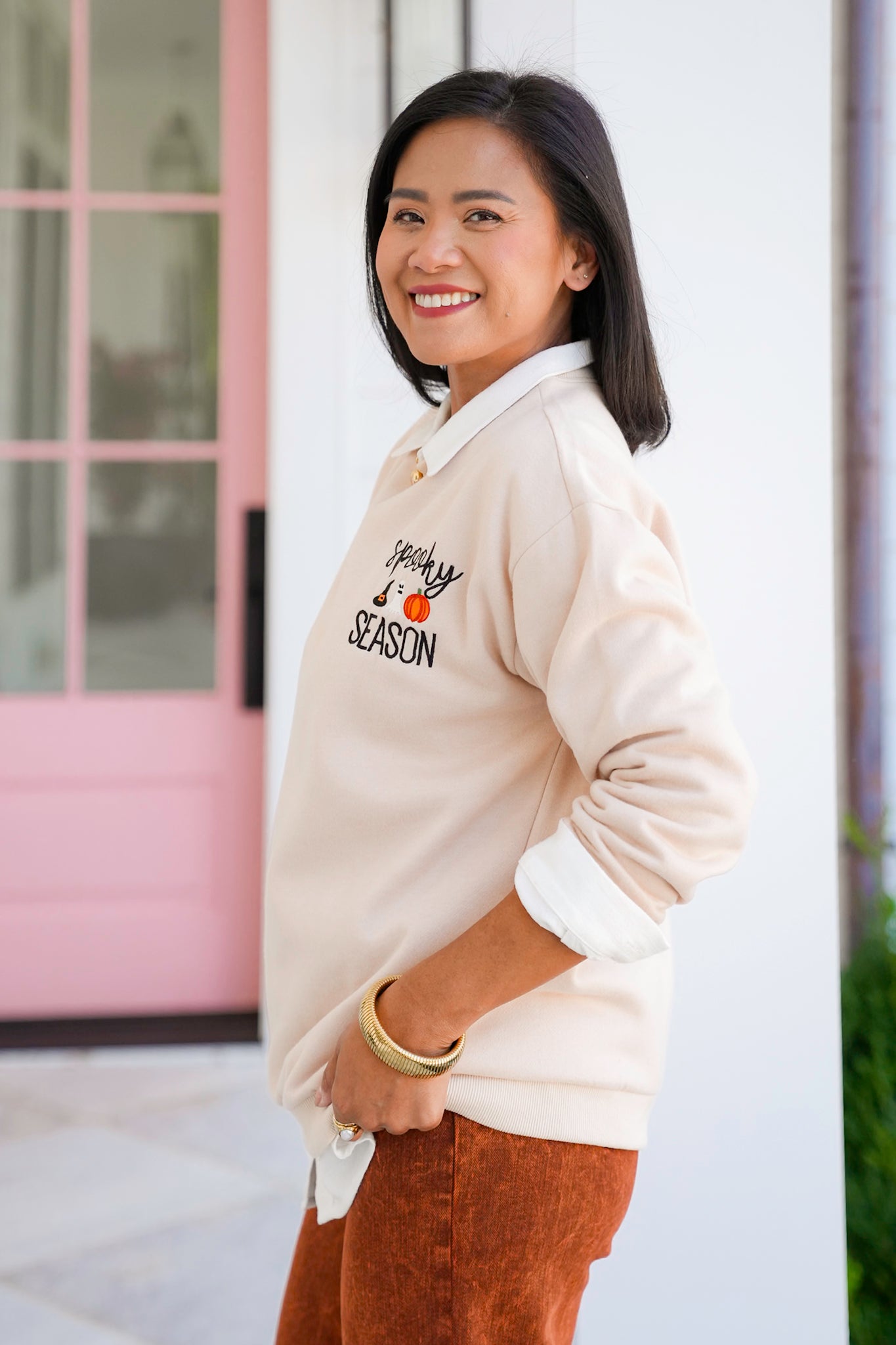 Plus/Reg Embroidered "Spooky Season" Long Sleeve Pullover Sweatshirt