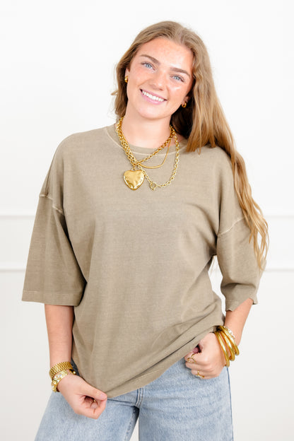 Door Buster! Washed Half Sleeve Crew Neck Drop Shoulder Top