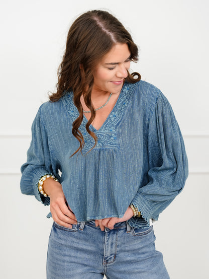 POL Textured Long Sleeve V Neck Crop Top