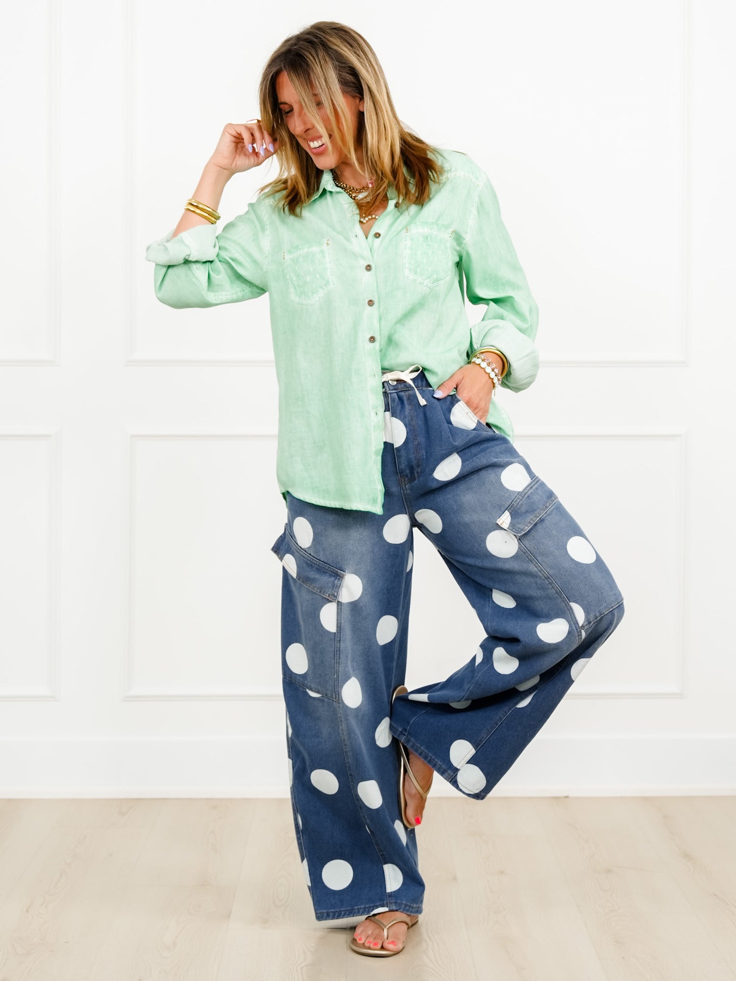 Medium Wash Polka Dot Barrel Pants With Cargo Pockets