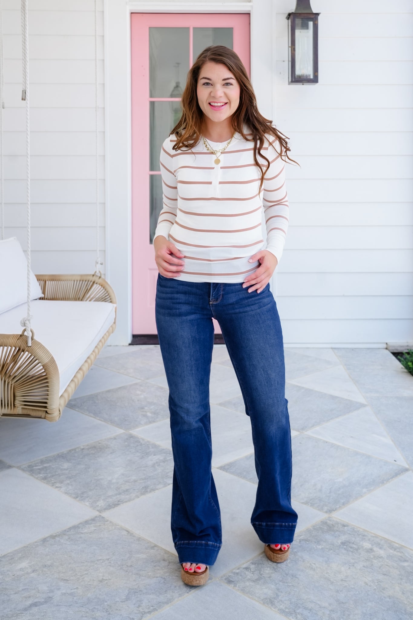 Ribbed Stripe Long Sleeve Button Up Top