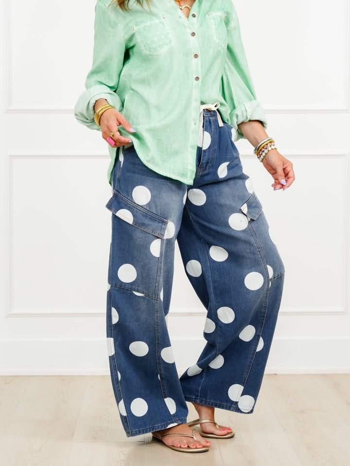 Medium Wash Polka Dot Barrel Pants with Cargo Pockets