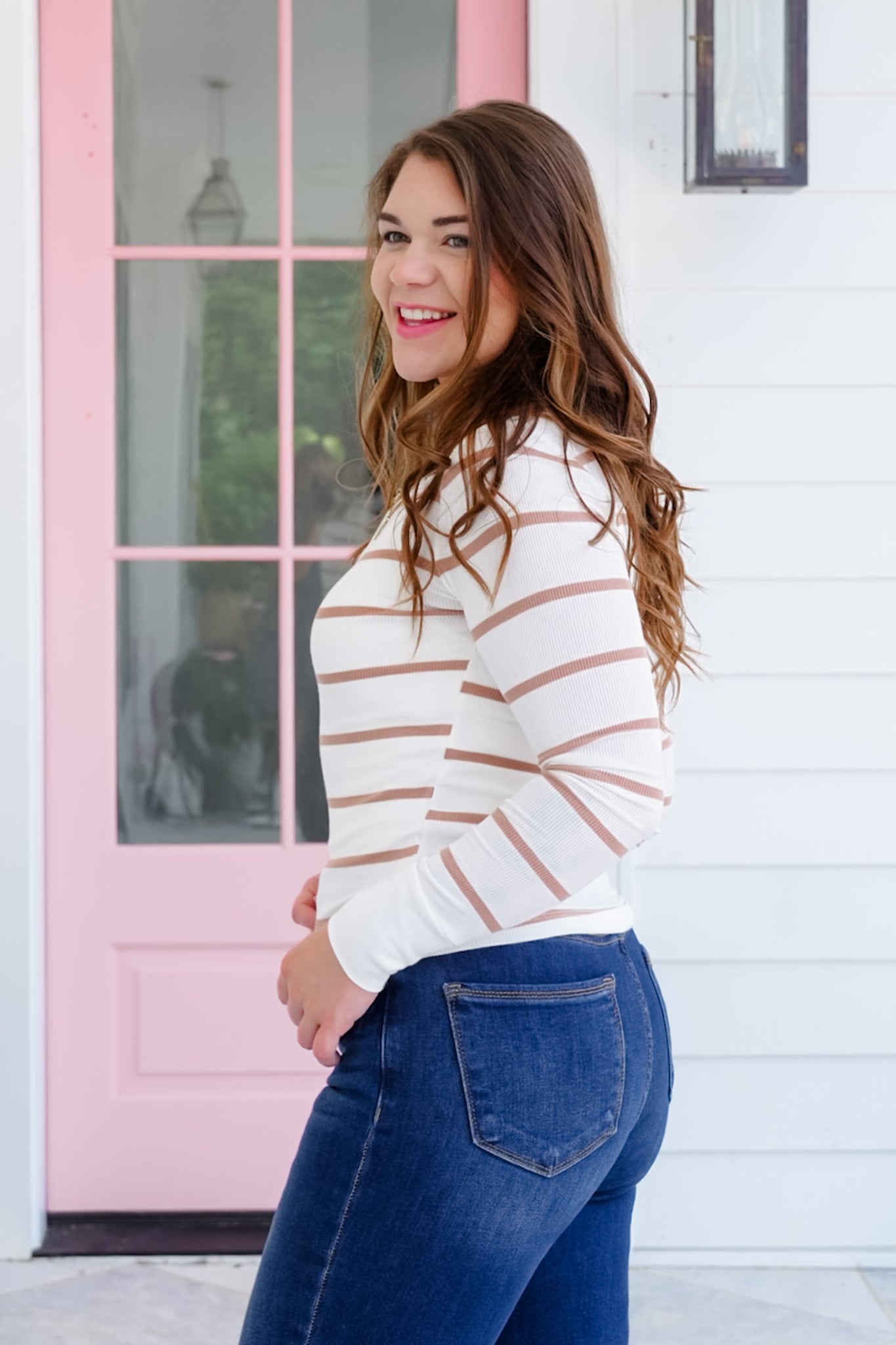 Ribbed Stripe Long Sleeve Button Up Top