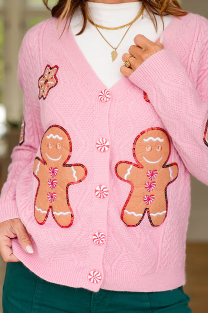 Plus/Reg Gingerbread Man Long Sleeve Button Cardigan