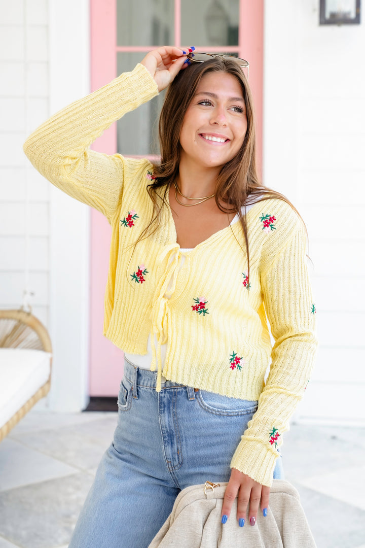 Ribbed Long Sleeve Front Tie Sweater with Floral Detail