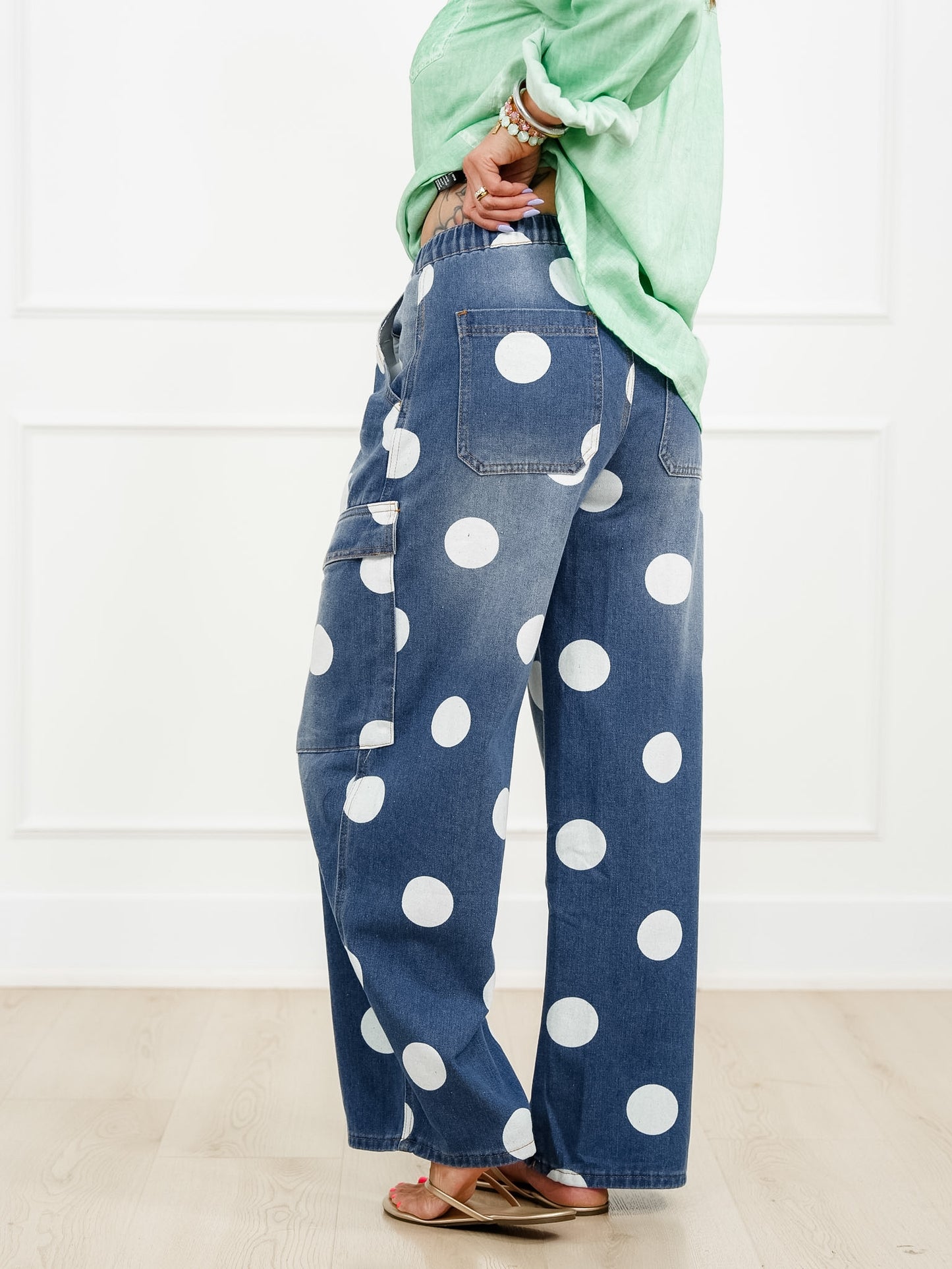 Medium Wash Polka Dot Barrel Pants With Cargo Pockets