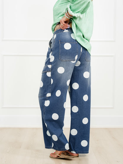 Medium Wash Polka Dot Barrel Pants With Cargo Pockets