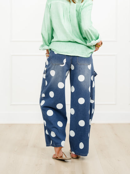 Medium Wash Polka Dot Barrel Pants With Cargo Pockets