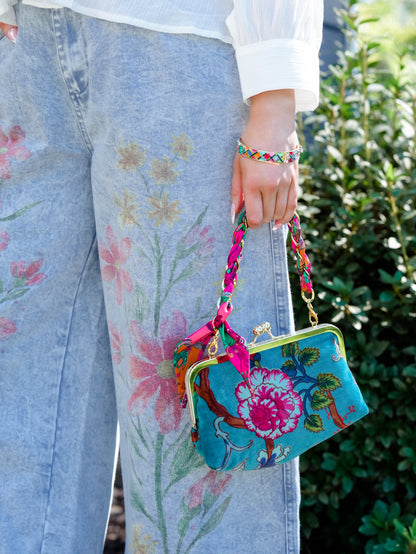 Floral Turquoise Velveteen Shoulder Bag with Scarf Accent - Freckled Poppy