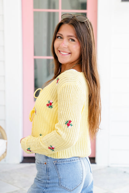 Ribbed Long Sleeve Front Tie Sweater with Floral Detail