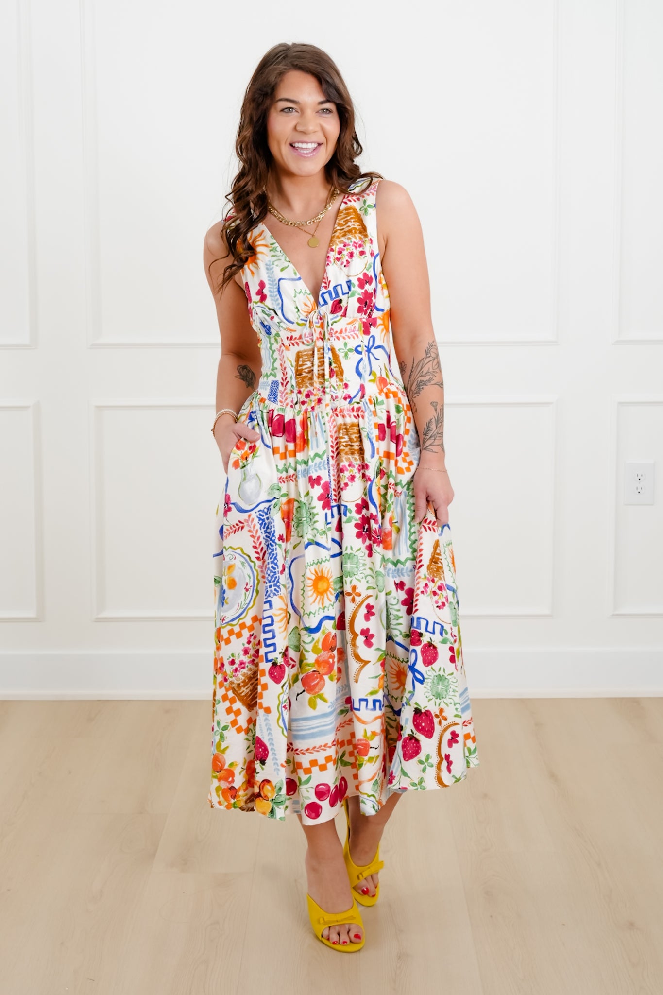 Print Sleeveless Double V Neck Midi Dress