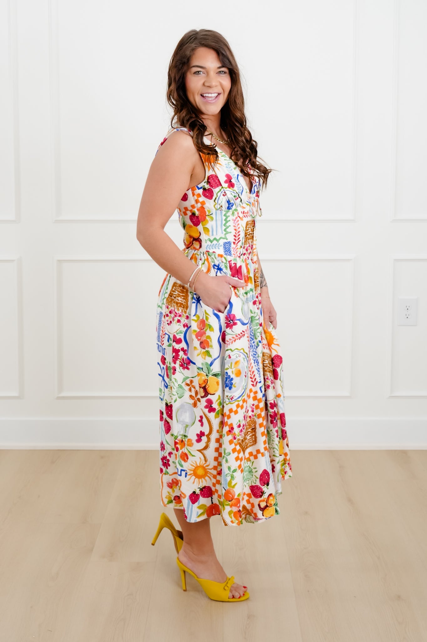 Print Sleeveless Double V Neck Midi Dress