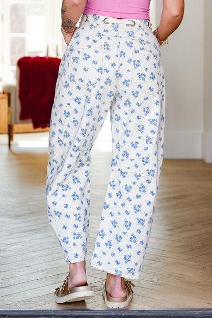 Floral Print Tie At The Waist Barrel Jeans