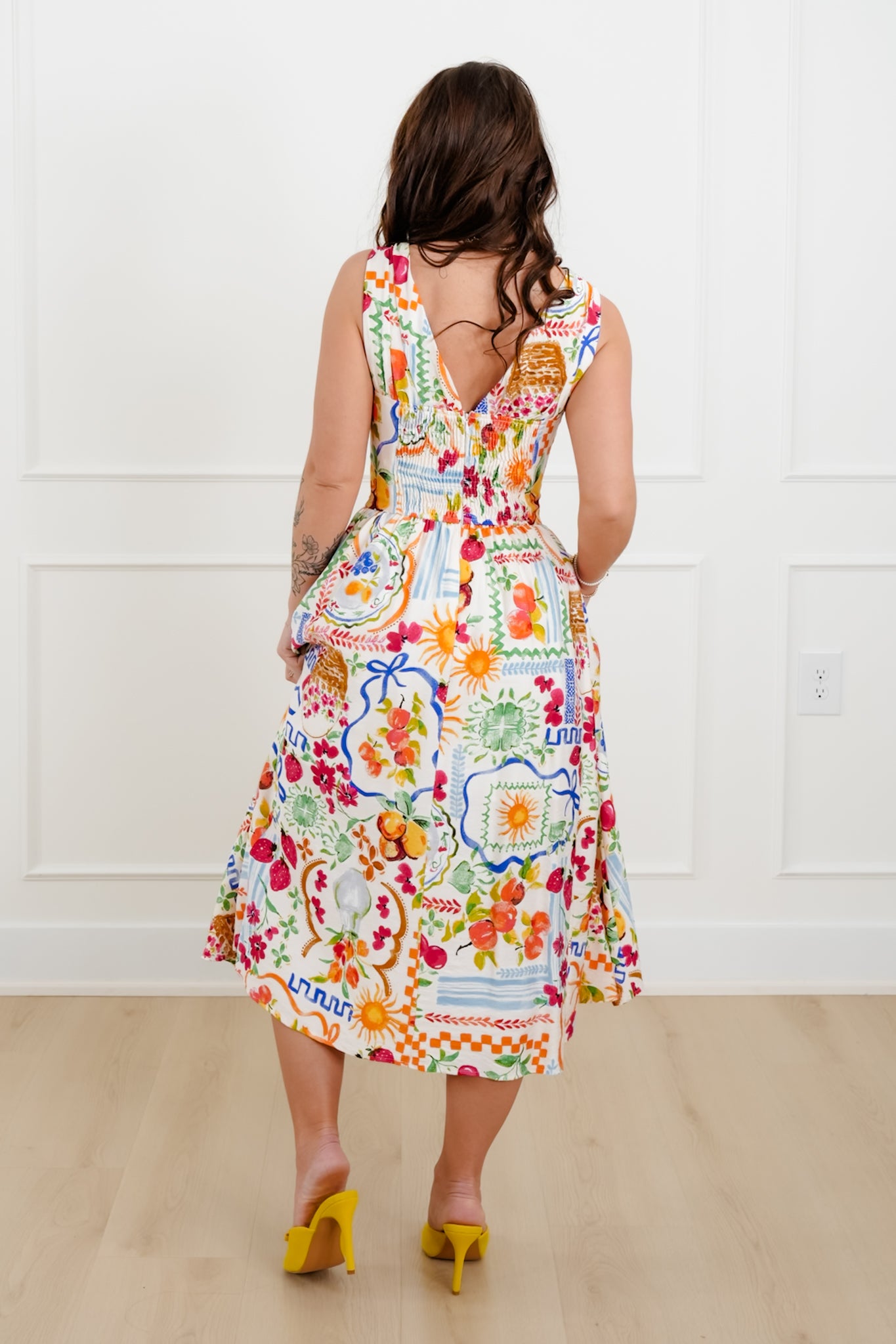 Print Sleeveless Double V Neck Midi Dress