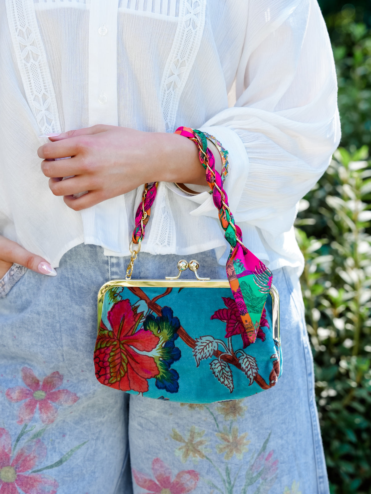 Floral Turquoise Velveteen Shoulder Bag with Scarf Accent - Freckled Poppy