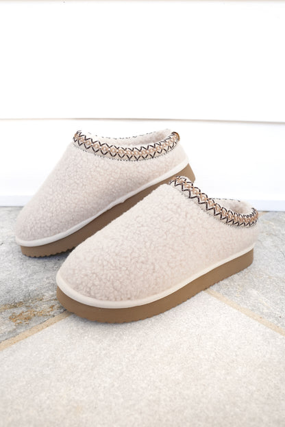 Corky's "Sleepy Head" Cozy Shearling Slip On Slippers with Embroidered Trim
